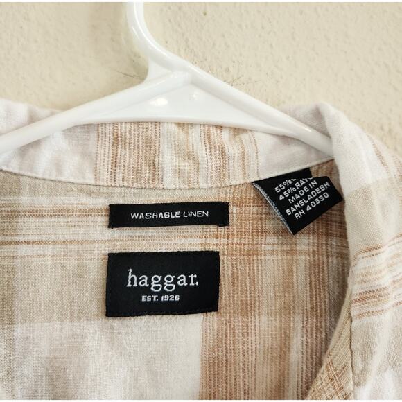 Haggar Men's Casual Tan and White Plaid Button Down Shirt Size Large - Picture 6 of 7